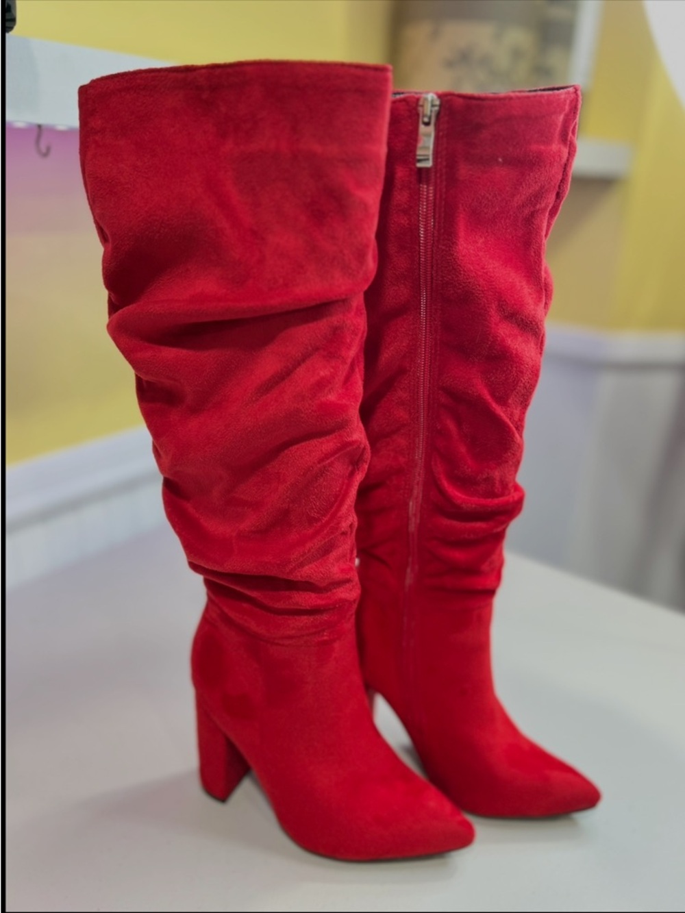 Red Suede Knee-High Slouch Boots - Women